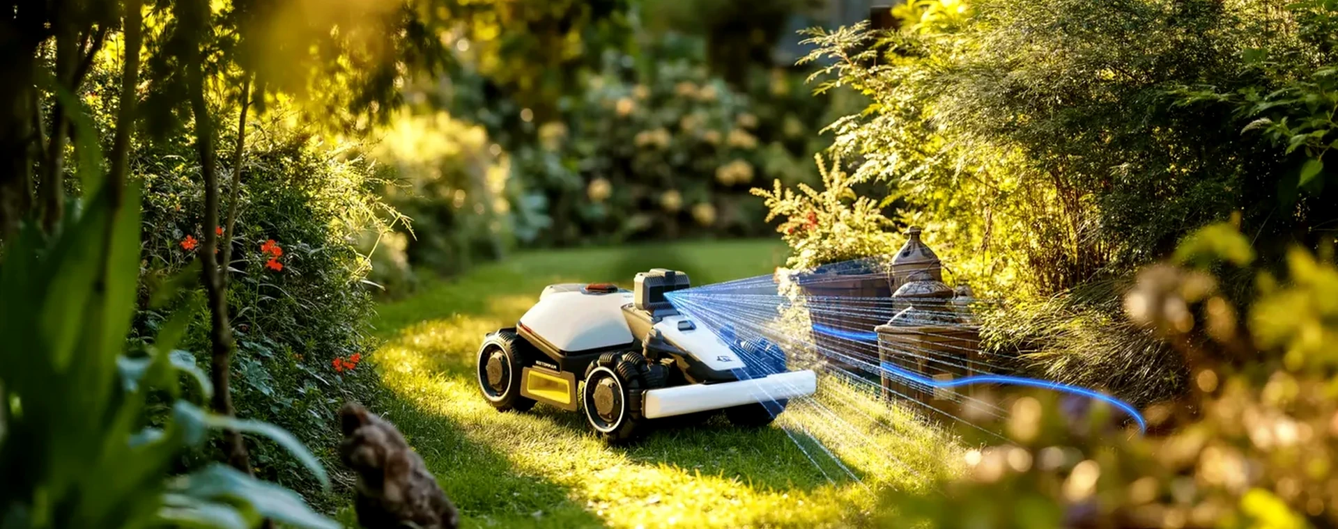 Robotic mower working on a professionally maintained lawn
